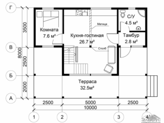 Проект дачного каркасно-щитового дома ДД-007 - План 1-ого этажа Проект дачного каркасно-щитового дома ДД-007 - План 1-ого этажа